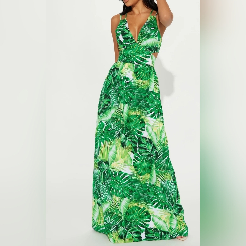 Fashion Nova Green Leaf Print Maxi Dress